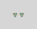 A pair of small gold-toned earrings with blue and white striped details.