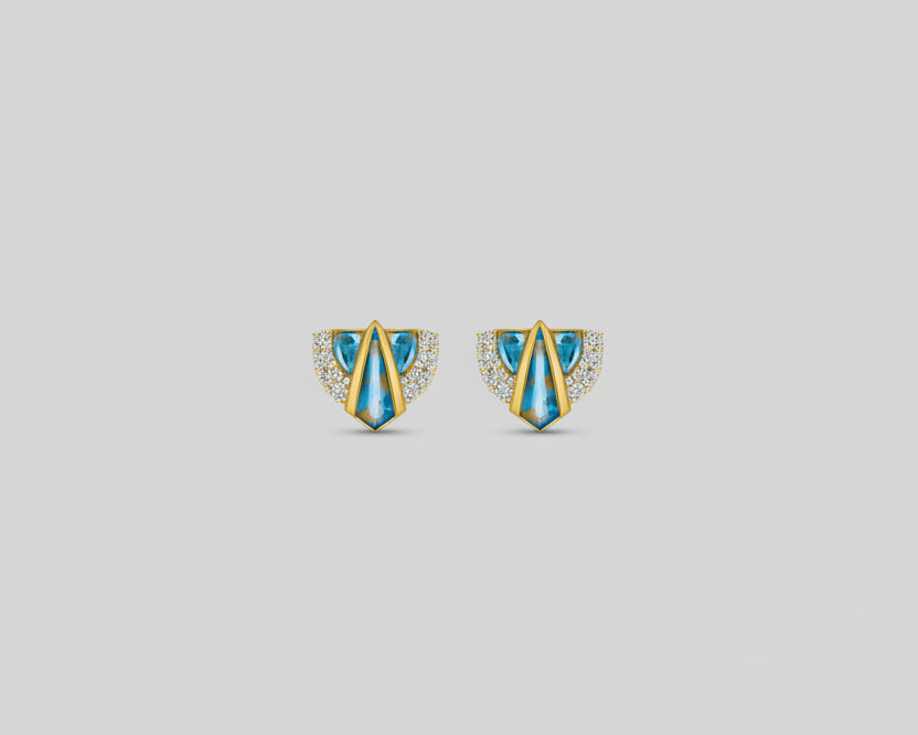 A pair of small gold-toned earrings with blue and white striped details.