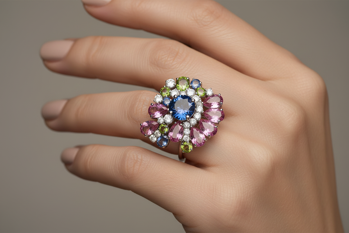 Floral Cluster Ring on Woman's Finger