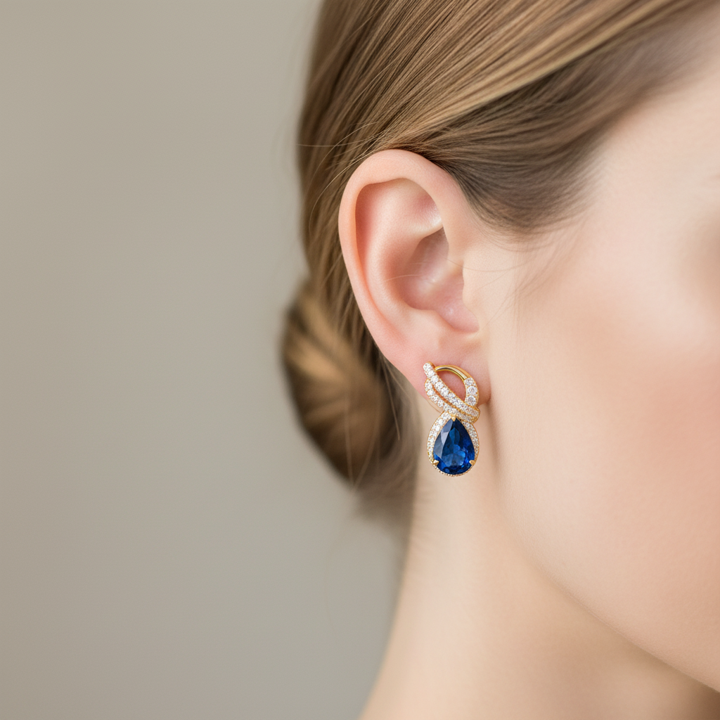 Blue Sapphire Earring on woman's ear