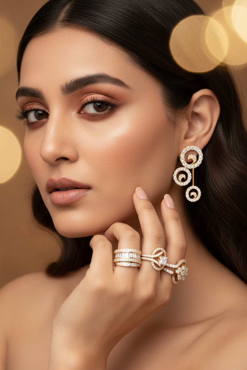 Woman wearing gold diamond circular earrings lifestyle photo