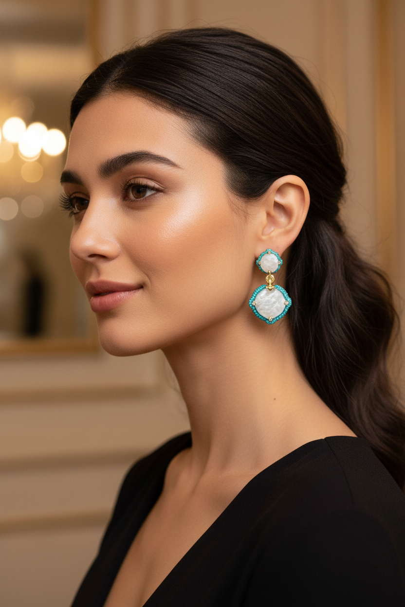 Woman wearing turquoise and diamond earrings